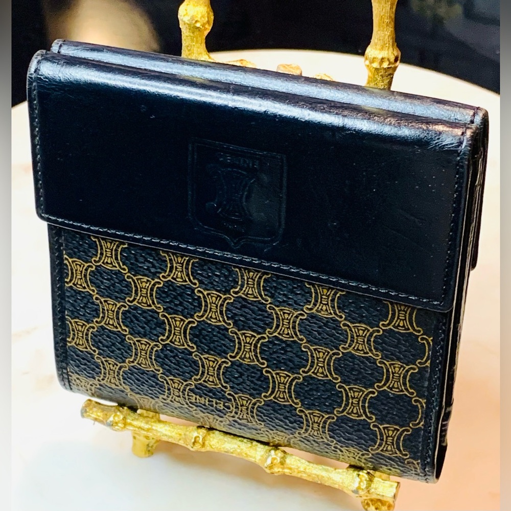 CELINE MACADAM TRIOMPHE WALLET LOGO BLACK GOLD LEATHER DOUBLE SNAP TRIFOLD